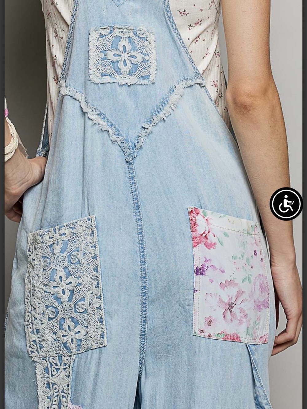 POL Light Blue Denim Patchwork Jumpsuit with Floral Accents - Picture 8 of 8